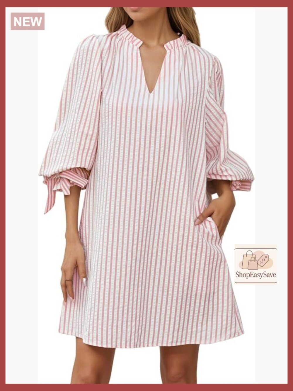 V-Neck A-Line Striped Dress with Puff Sleeves and Pockets Flowy Chic